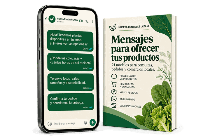 Guía de mensajes para ofrecer tus productos junto a un celular con conversación de WhatsApp