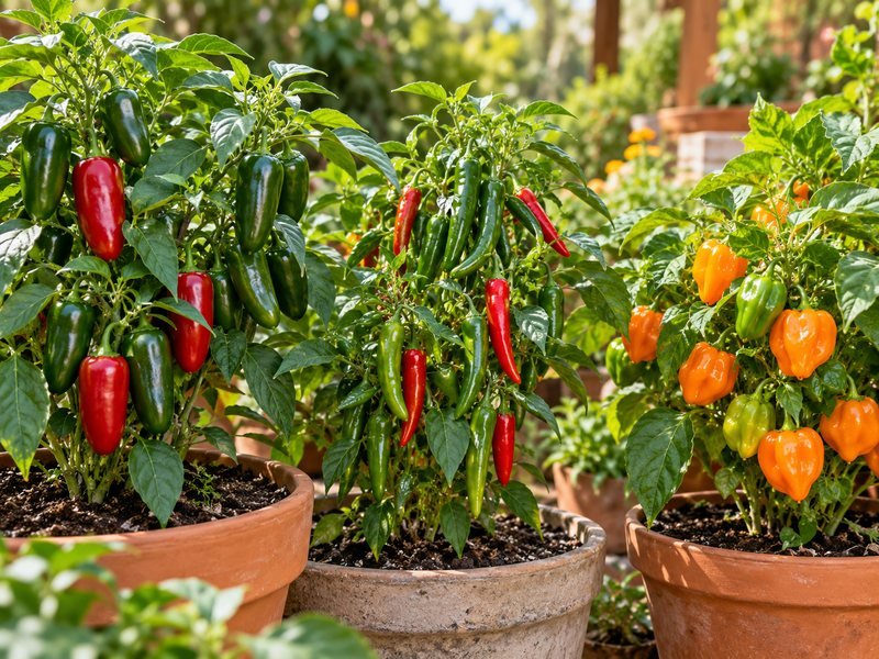 Plantas de jalapeño, serrano y habanero con frutos en macetas