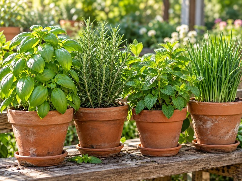Albahaca, romero, menta y cebollín en macetas de barro