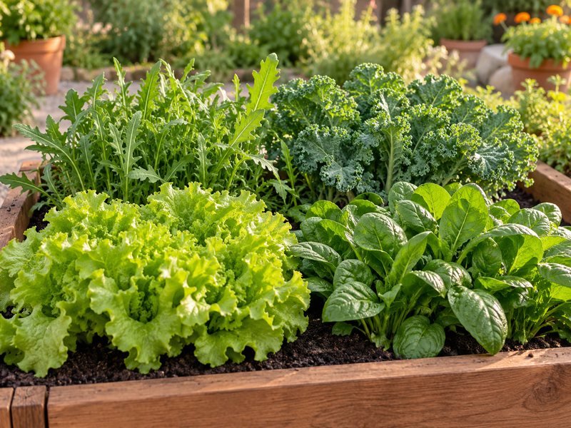 Lechuga, arúgula, col rizada y espinaca en un cajón de cultivo