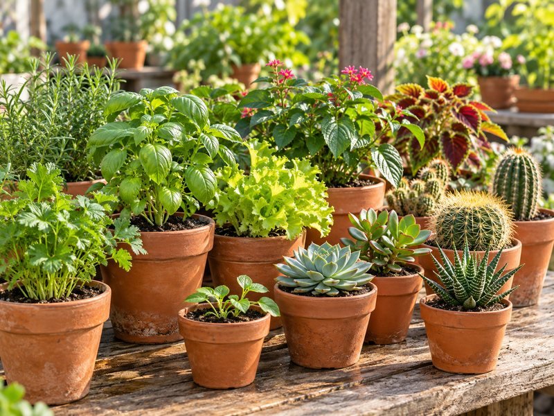 Macetas de barro con suculentas, cactus, hierbas y plantas ornamentales